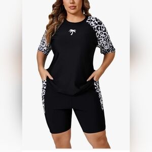 Women's Plus Built in Bra Rash Guard Two Piece Swim